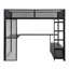 Lit mezzanine en métal pleine grandeur avec DEL, bureau, garde-robe ouverte et 3 tiroirs de rangement en lin