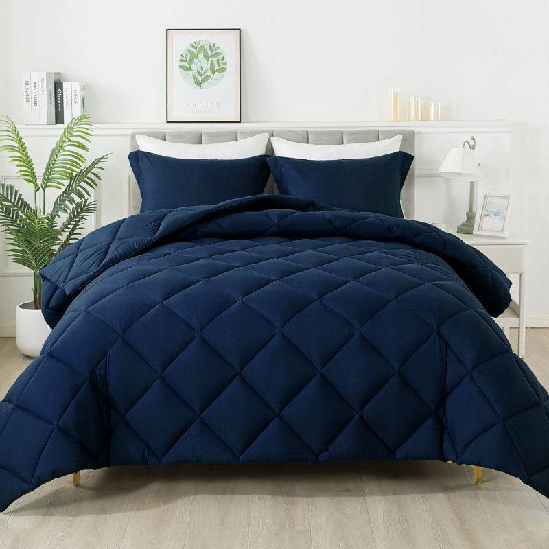 Diamond lattice three-piece Comforter Set, Queen Comforter + 2 Standard Shams, Navy