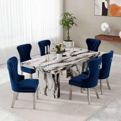  Cavira 7-Piece Modern Dining Set, Faux Marble Dining Table With Four Chairs, Blue
