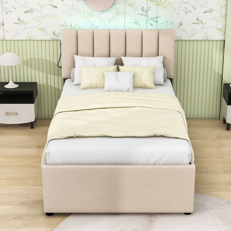 Wood Upholstered Platform Bed with Trundle and Headboard, Beige, Twin