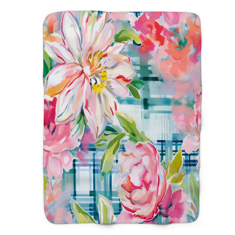 Couverture florale 1 pièce en sherpa Gingham, L 50 po x L 60 po