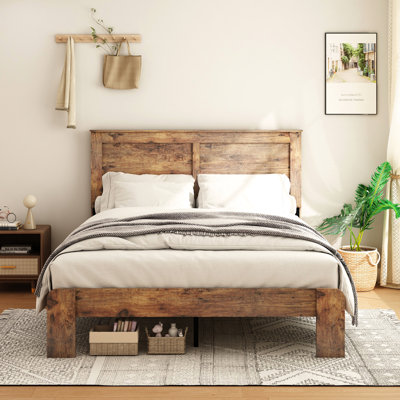 Dark Brown Bed Frame For Queen Size, Wood Platform, Noise , No Box Spring, Quick Assembly Guide, Big Under Storage, Metal And Wood, Industrial Style Bedroom Size Frame, Platform Bed, Spring Needed,