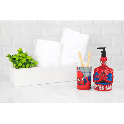 Ensemble 2 pièces Spiderman - Distributeur de savon et gobelet rouge et bleu - Accessoires de salle de bain super-héros en résine pour enfants