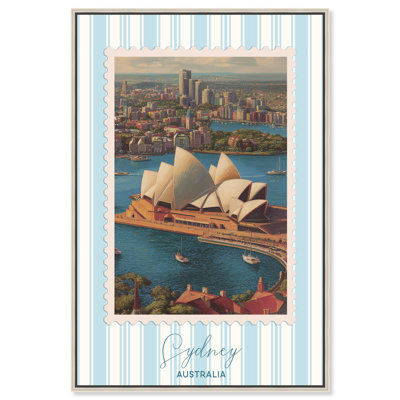 Sydney Travel Stamp Framed Canvas Print Vintage Poster Art by Art Remedy, Silver Frame, 20 x 30