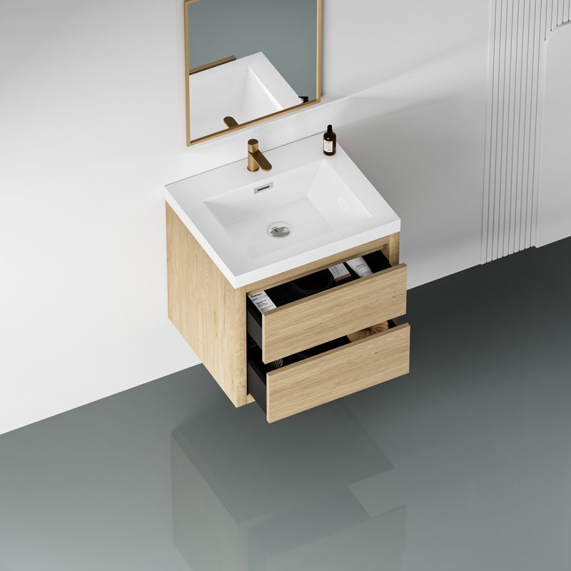 Meuble-lavabo de salle de bain 24 po. Finition en chêne naturel et résine en pierre. Intérieur en forme de U pour une meilleure gestion du rangement. Finition du mécanisme de fermeture en douceur. Vaste espace. Tiroirs. Conception de drain en forme de U améliorée