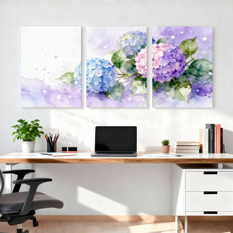 Aquarelle, fleurs d'hortensia, impression sur toile, ensemble floral (ensemble de 3), H 18 po x l 36 po