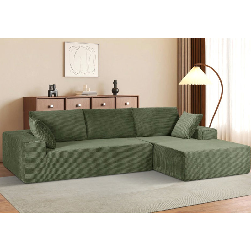 Canapé d'angle convertible 4 places en velours côtelé doux, garni de mousse haute densité, idéal pour un salon ou une chambre à coucher. Aucun montage requis. Design moderne, montage facile, orientation à droite.