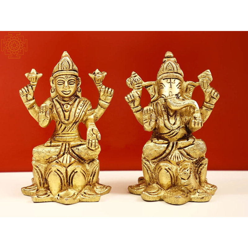 3" Small Brass Blessing Lakshmi Ganesha Statue – Handmade Hindu Deities Sitting on Lotus for Spiritual Home Décor and Blessings