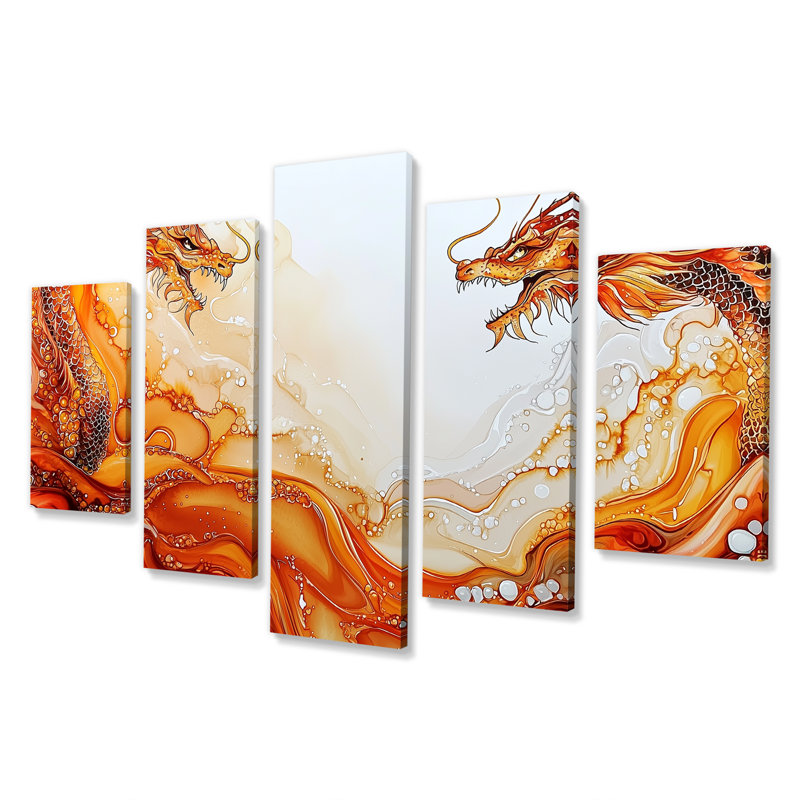 Drifting Fury Reverie Of Dragons II - Dragons Wall Art Living Room 5 Panneaux