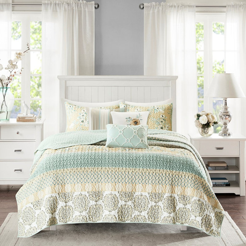 Courtepointe en coton 6 pièces, double / grand, imprimé floral et géométrique, coussins décoratifs inclus et géométrique, chambre à coucher séduisante