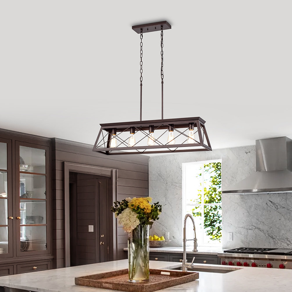 Gandhi 5 - Light Kitchen Island Linear Pendant with Wood Accents Gracie Oaks 