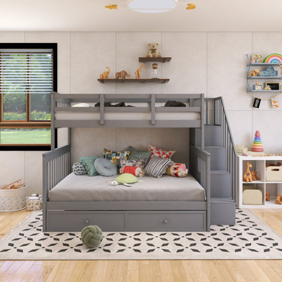 Wood Frame Twin Over Full Size Bunk Bed With Twin Size Trundle, Storage And Guard Rail