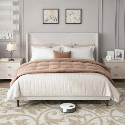 Upholstered Bed High Headboard Chenille Cloth Slat Support