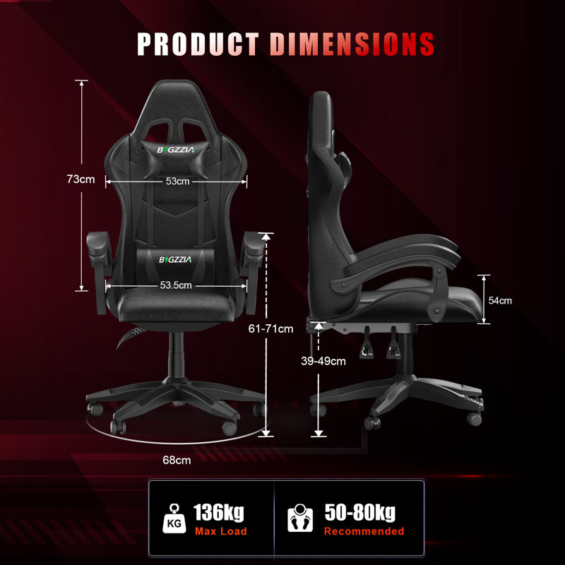 Reclining Gaming Chair with LED Lights and Headrest, Black