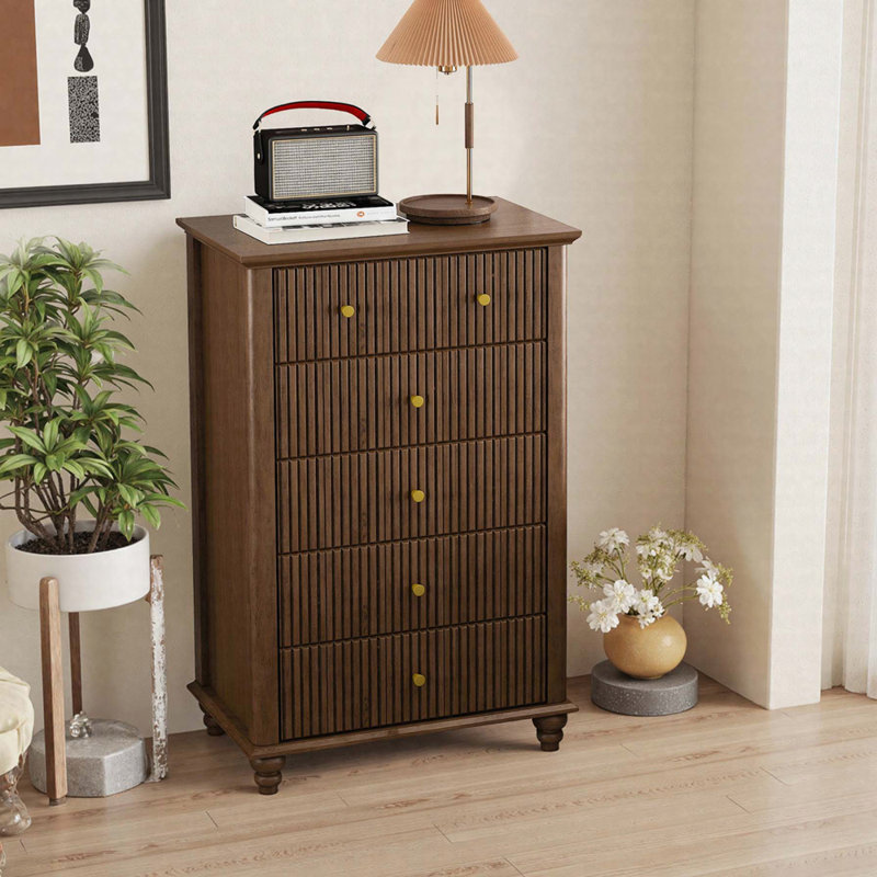 Kernie 45" Tall Fluted 5-Drawer Dresser Modern Wooden Chest Of Drawers With Metal Handles, Walnut