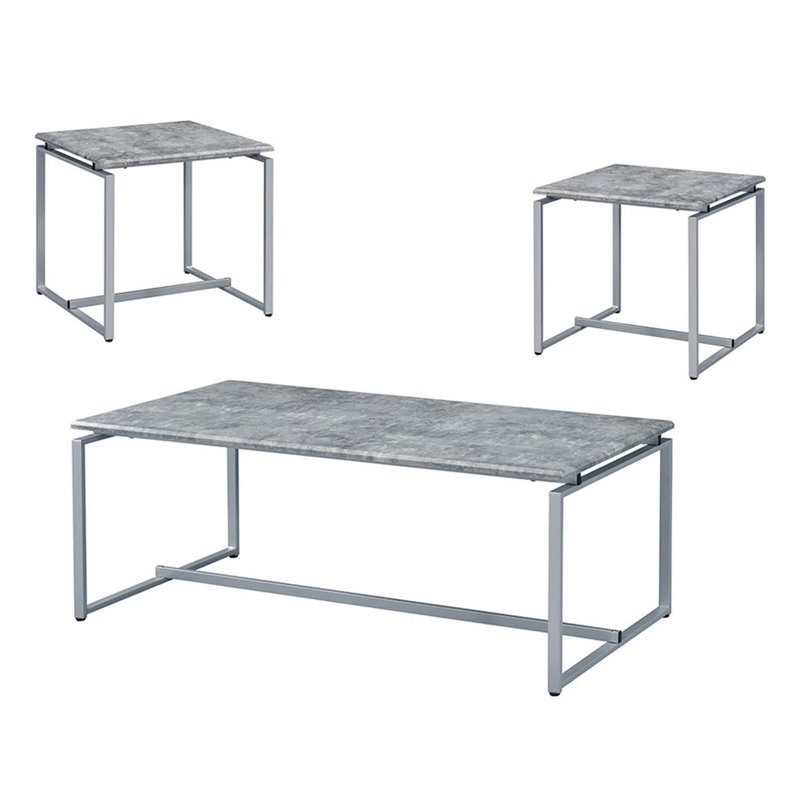 Ensemble de table basse et de bout 3 pièces Jurgen, plateau en faux béton et finition argentée, Gris, Argent argent