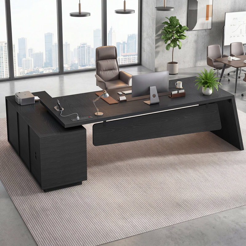 78" L Shaped Executive Desk, Modern Computer Desk With Power Outlets, Storage Drawers And File Cabinet