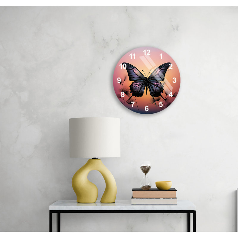 Modern Nature Scene with Purple Butterfly 24'' Round Tempered Glass Silent Wall Clock, White