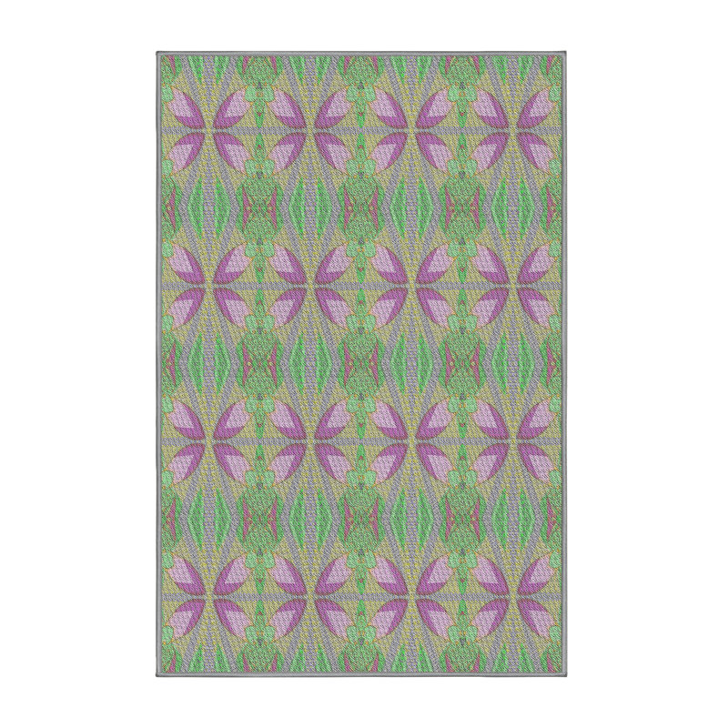 Violet floral/Tapis décoratif vert, Rectangle 7 pi x 9 pi