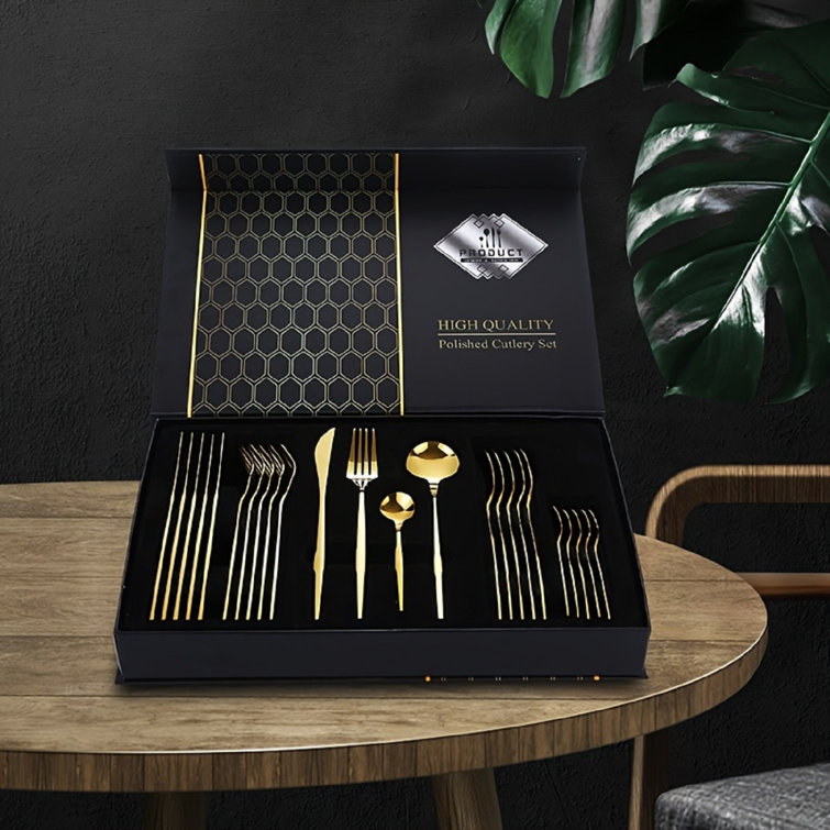 Stainless Steel Flatware Set (Black/Gold) - Service for 18