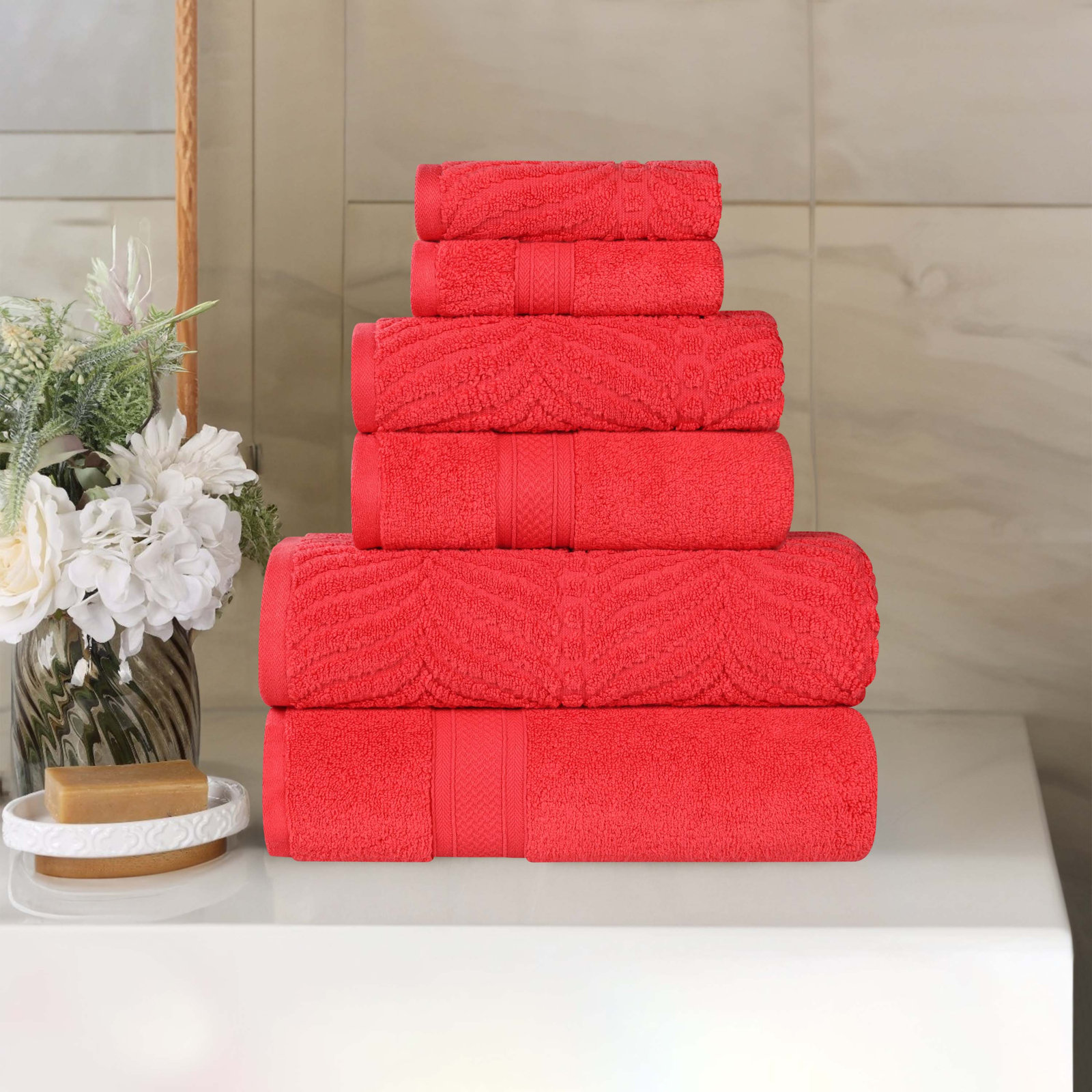 Amaretto Chevron Zero Twist Solid and Jacquard Cotton 6 Piece Bathroom Towel Set, Red