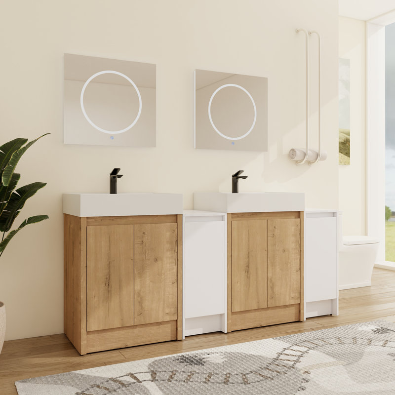 Ensemble de meuble-lavabo double 70 po avec lavabo en résine Quarnar et armoire de rangement blanche, L 72 po