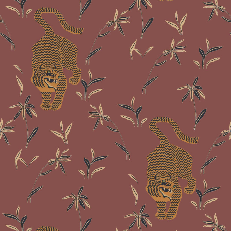 Stalking Tiger - Wallpaper, Red, Faux Grasscloth, Non-Pasted