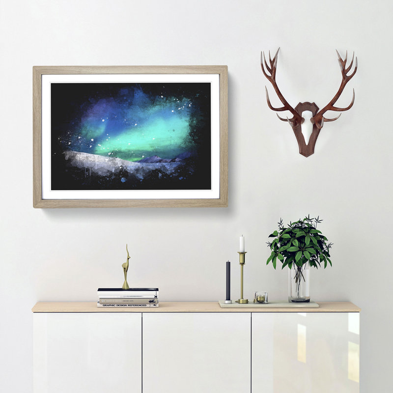 Aurora Borealis In Iceland Paint Splash - Framed Print, Oak, 62cm H x 87cm W x 2cm D