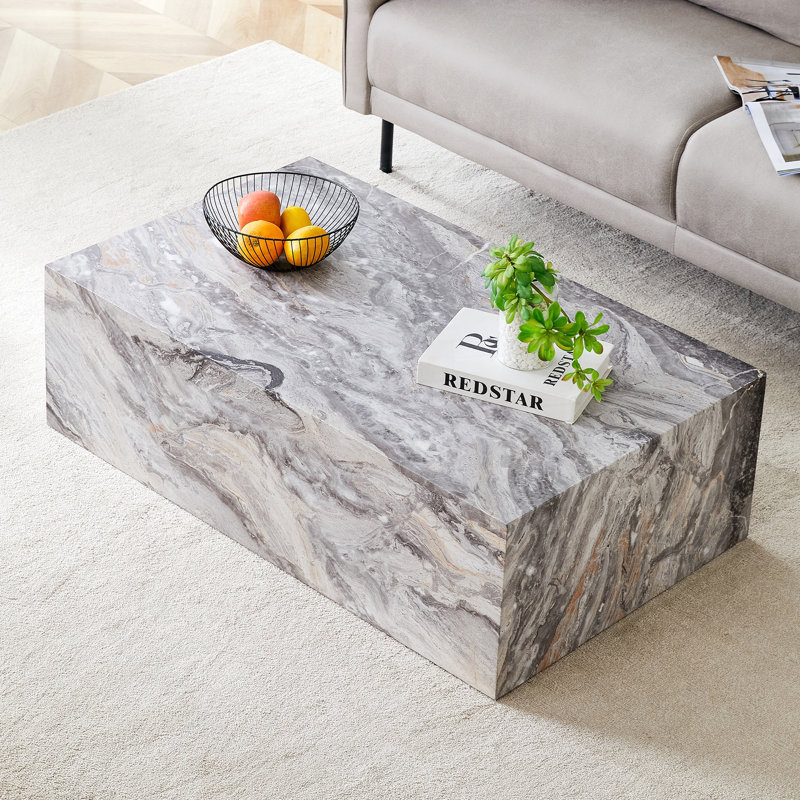Élégante table basse en MDF à motif de marbre gris, imperméable et facile à nettoyer, parfaite pour les salons modernes et minimalistes.