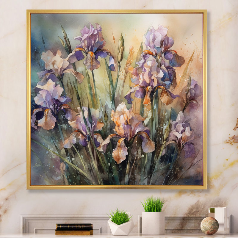Art mural mauve vert sauvage Iri S II - Iris, H 36 po x l 36 po x P 1,5 po, Cadre flottant doré