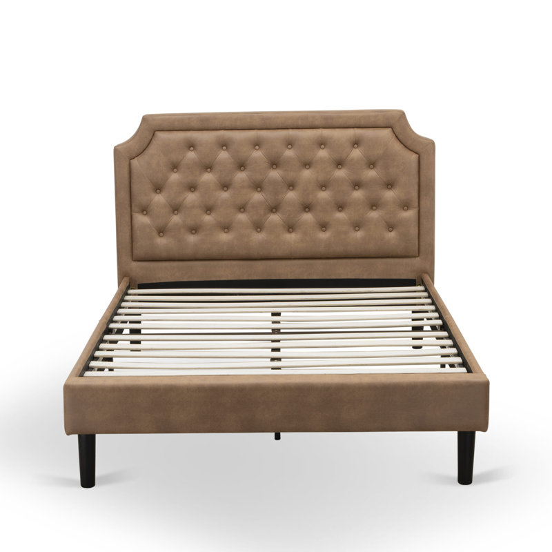 Granbury Bed - Brown Textured Upholstered Headboard, Footboard and Wood Rails, Slats - Wooden 9 Legs with Support Bed Frame - Black Finish