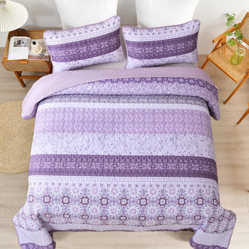 Ensemble de 3 ensembles de courtepointe Boho, Courtepointe pour lit grand + deux taies décorati, Mauve