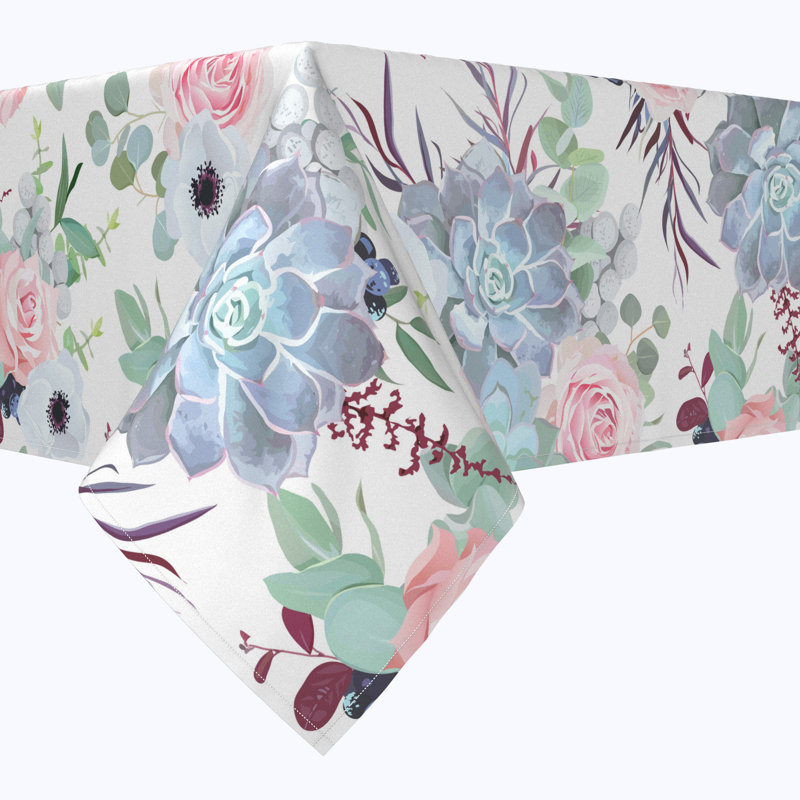 Square Tablecloth, 100% Cotton, 52X52", Pink Roses & Succulents