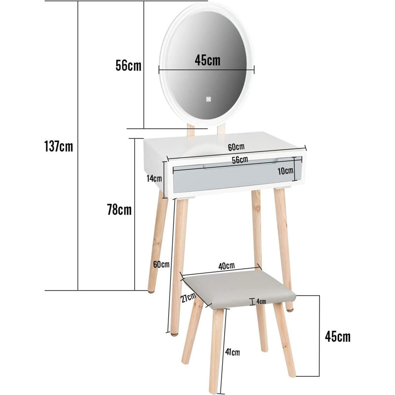 Dressing Table Set With Adjustable LED Light Mirror, 1 Drawer, Padded Stool And Free Cosmetics Organizer