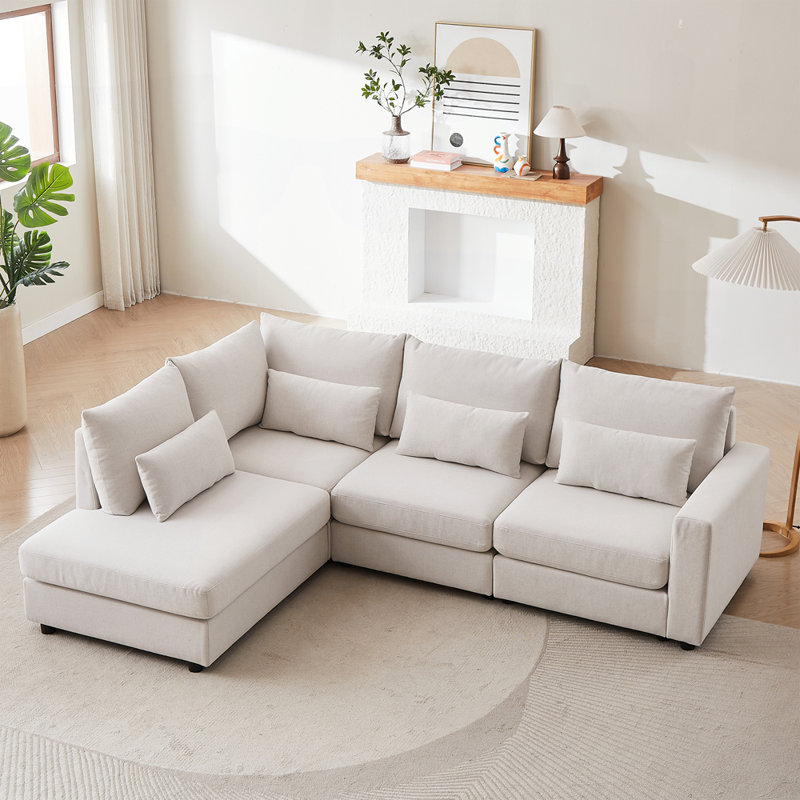 100.2" L-shaped linen sofa with ottoman, Beige