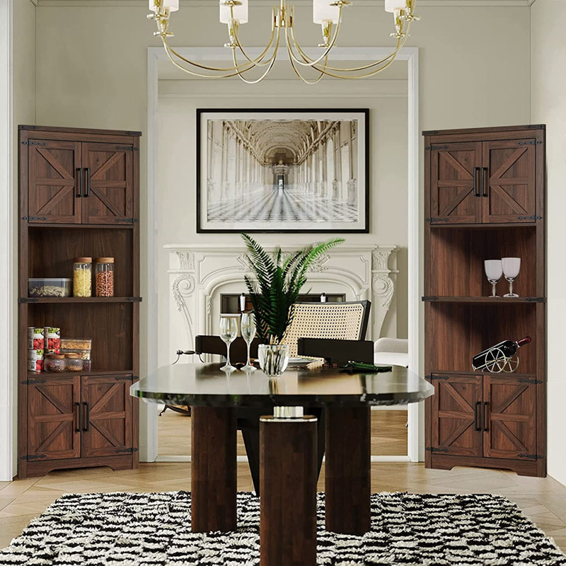 Tall Corner Storage Cabinet with Barn Door and Adjustable Shelves, Brown