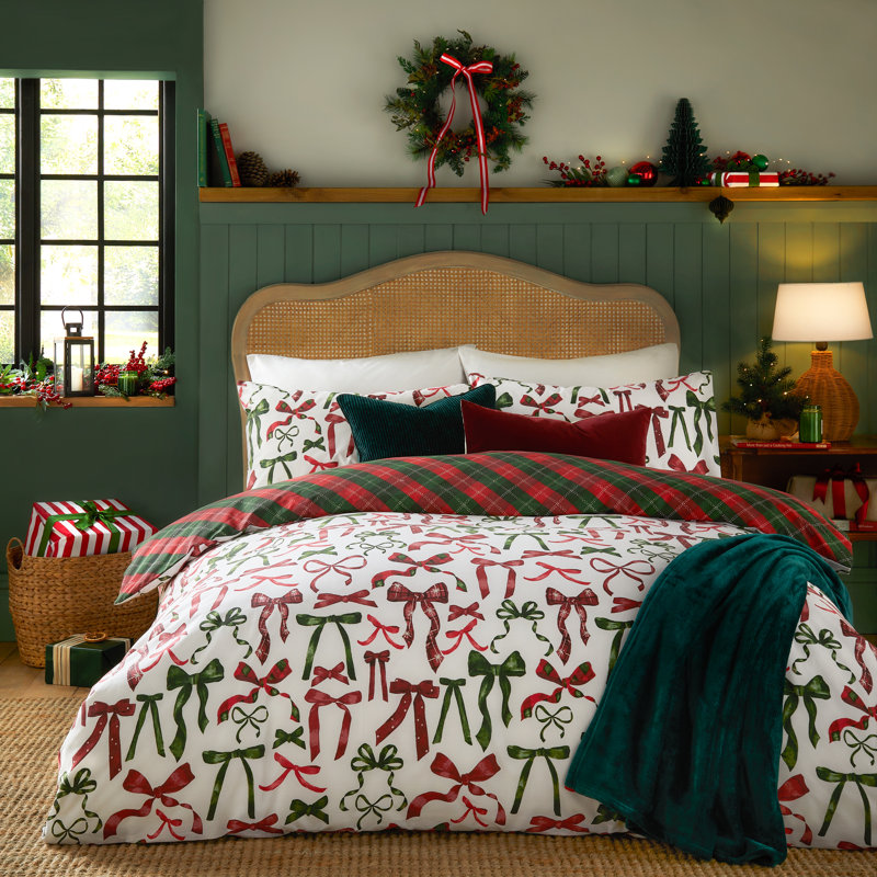 Nathalie Festive Bows Cotton Blend Machine Printed Sheet Set, Double Duvet Cover + 2 Standard Pillowcases