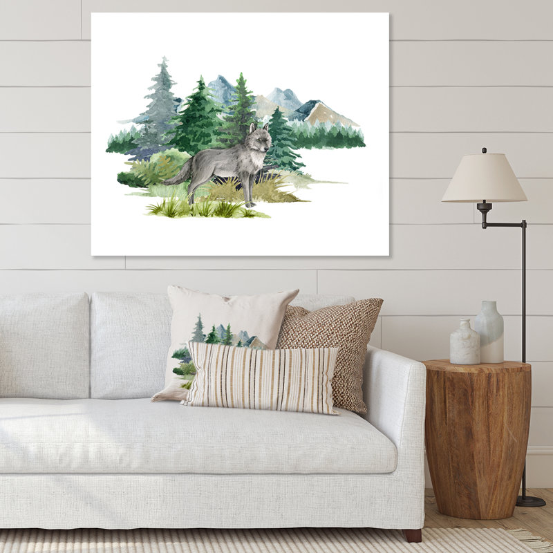 Loup dans un paysage de forêt - peinture sur toile, H 34 po x l 44 po, Toile tendue