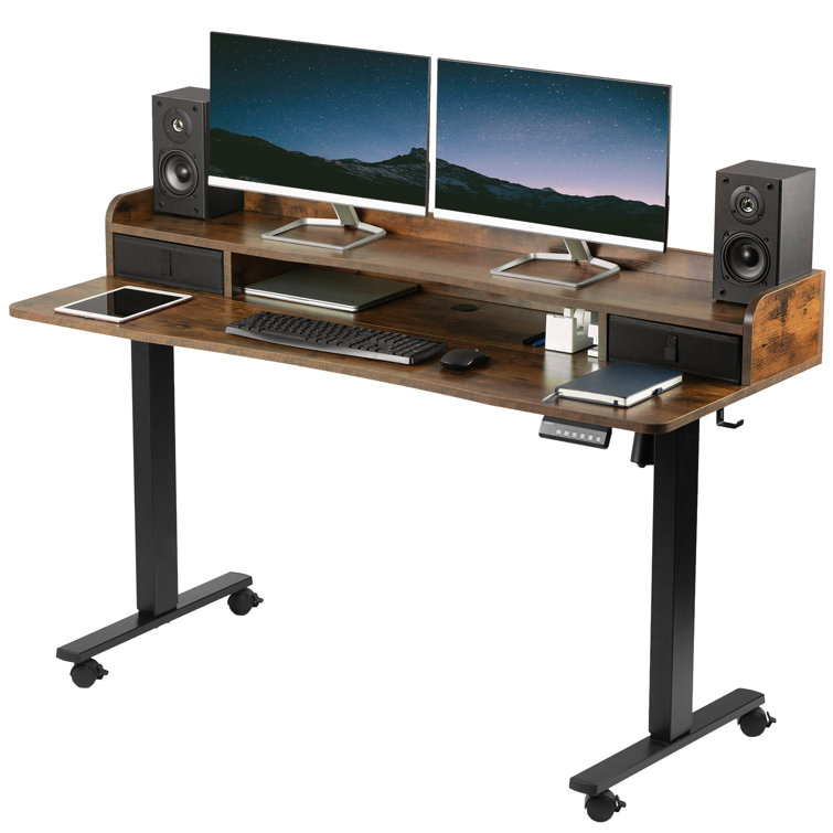 vivo 2-Tier Electric 63 x 55 Corner Desk, Dark Walnut Table Top, Black Frame