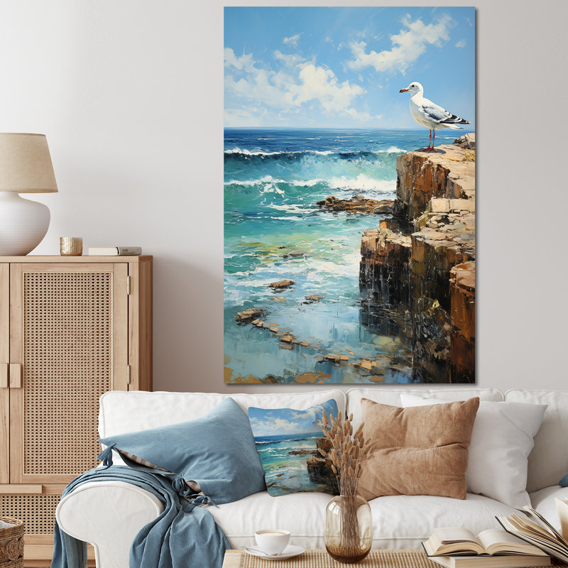 «Seagulls Perch Horizon I» - art mural fenêtres côtières, Toile tendue, 32" H x 16" W