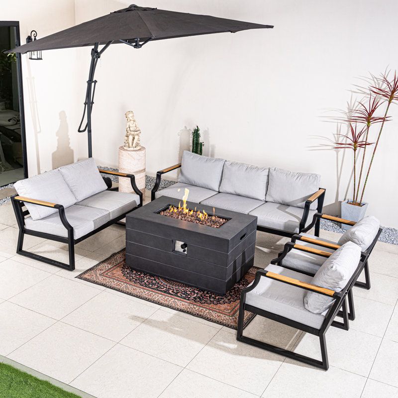 Ensemble de canapé de patio en aluminium toutes saisons avec table de foyer d'extérieur - modulaire et décorations en teck