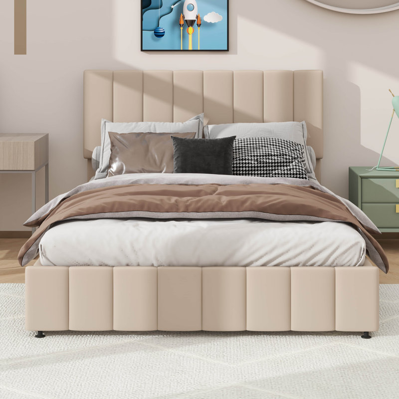 Lit plateforme tapissier avec mécanisme de rangement hydraulique, Beige, Grand lit