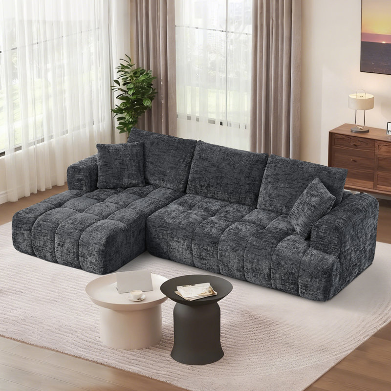 108" Chenille Compression Sectional Sofa with Chaise,Tufted Seat, No Assembly, Dark Gray Chenille, Left Hand Facing