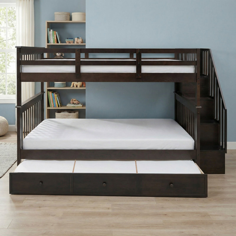 Lit superposé double en bois massif avec tiroir, rangement et garde-corps pour chambre à coucher Stairway, Espresso