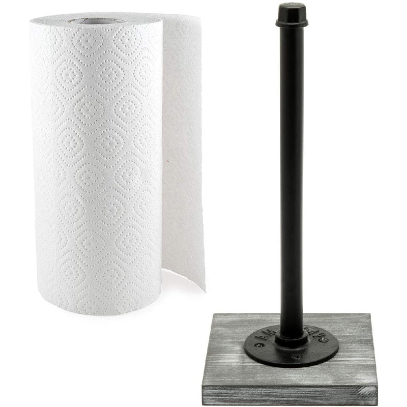 Metal and Wood Freestanding Paper Towel Holder, Grey