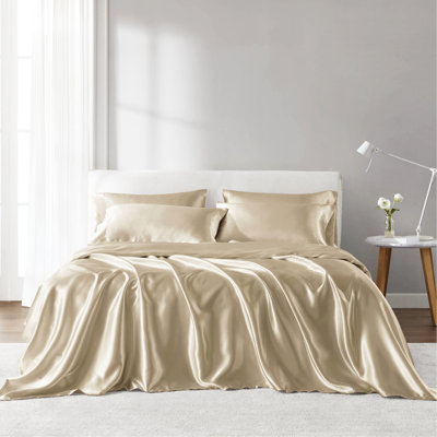 Literie pour lit simple en satin - froissé, convient aux matelas de 16 po, 1 drap plat, 4 taies d'oreiller ajustées, draps de luxe soyeux et relaxants - compatible avec les matelas, douceur classique