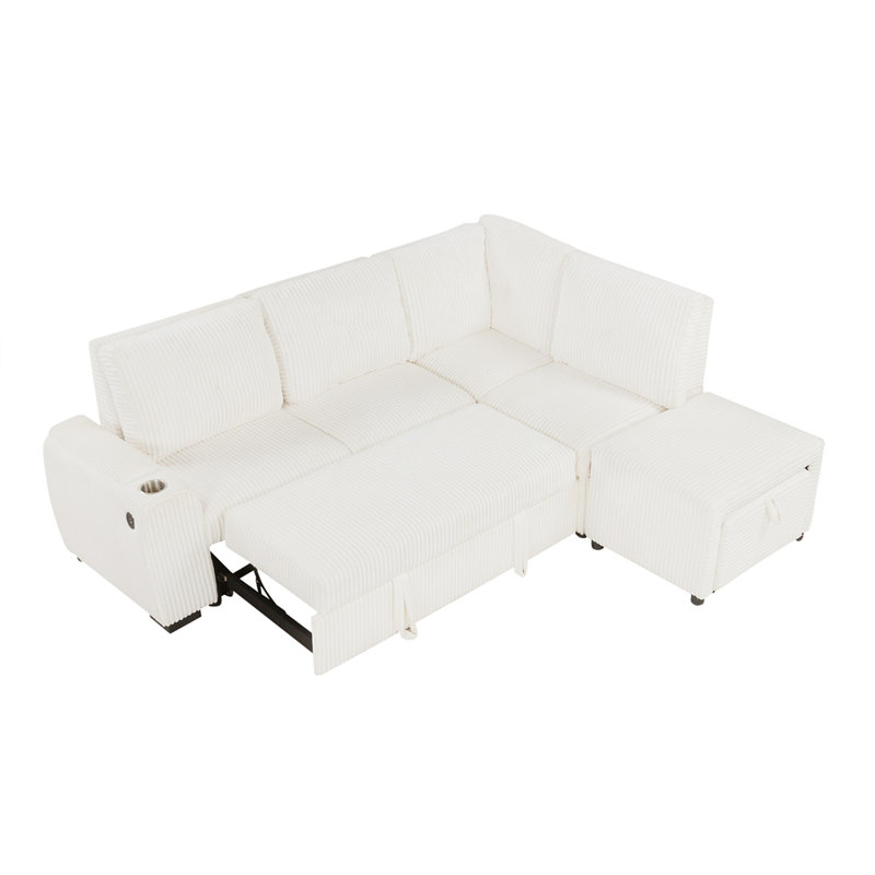94" Sectional Sofa Pull-out Sofa Bed with Movable Ottoman and Stool, Creamy White
