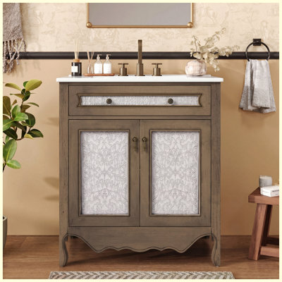 Meuble-lavabo antique de 76 cm (30 po) de couleur brun clair avec lavabo rectangulaire en céramique | Plateau basculant et tiroir à ouverture latérale | Pieds en caoutchouc avec poignées antiques
