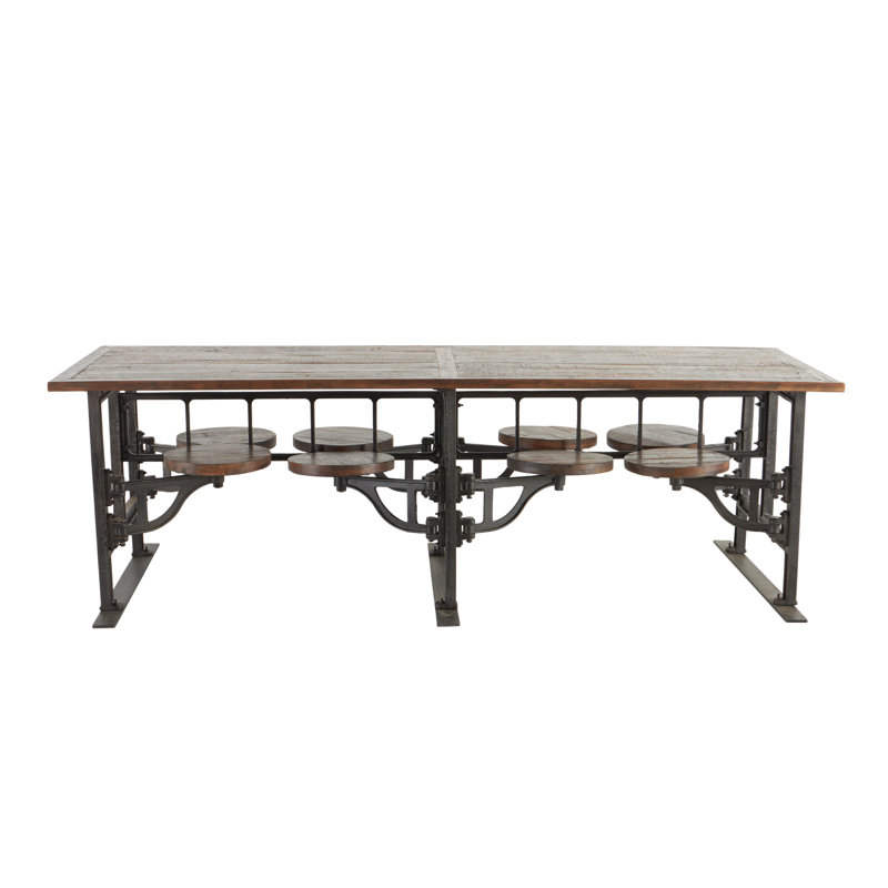 Brown Teak Wood Kitchen Dining Table with Eight Attached Seats, 100" x 42" x 31", Black, Dark Brown, 31" H x 42" W x 100" L