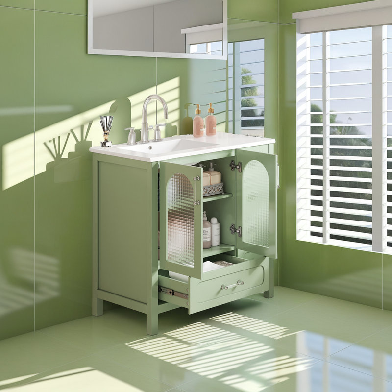Meuble-lavabo moderne 36 po - Finition vert éclatant - Portes en verre gaufré - 4 tiroirs profonds - Compatible avec un robinet de 8 po - Charnières à fermeture en douceur?